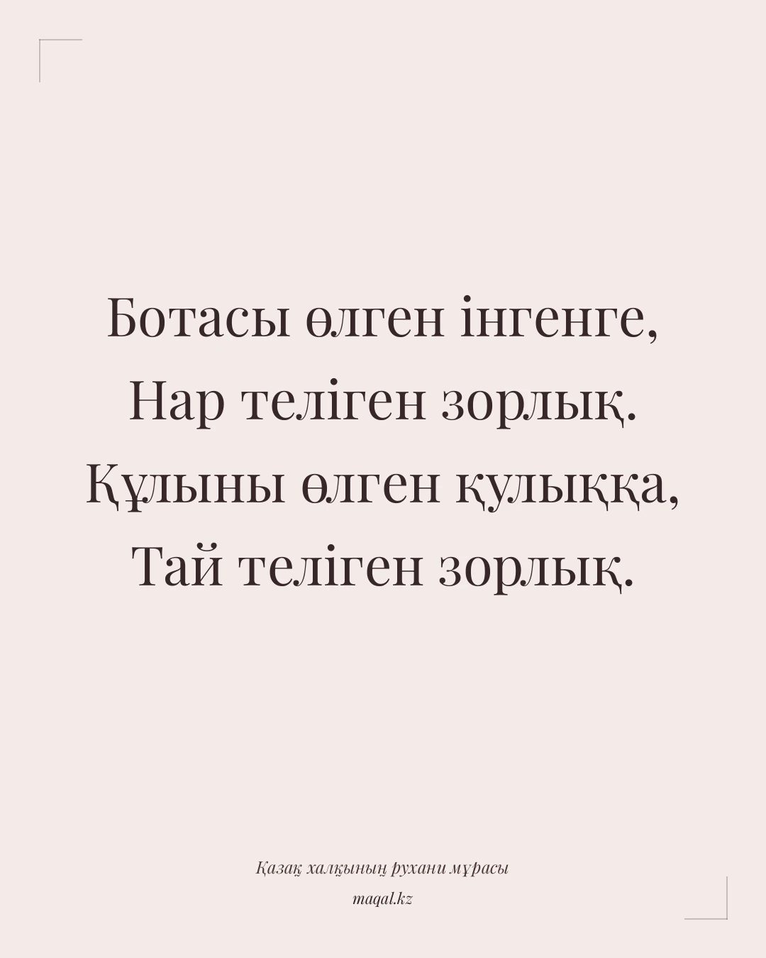 Ботасы өлген інгенге, Нар теліген зорлық. Құлыны өлген қулыққа, Тай теліген зорлық. — қазақша мақал