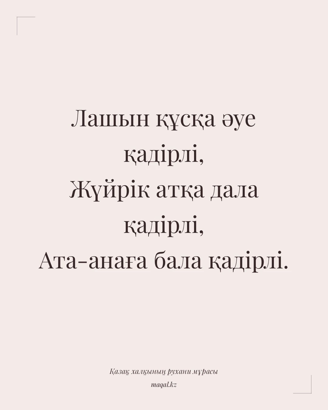 Лашын құсқа әуе қадірлі, Жүйрік атқа дала қадірлі, Ата-анаға бала қадірлі. — қазақша мақал