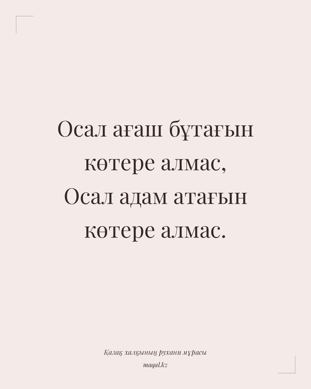 Осал ағаш бұтағын көтере алмас, Осал адам атағын көтере алмас. — қазақша мақал